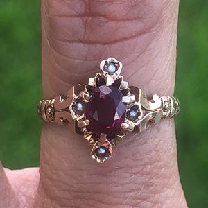 Antique Victorian Genuine Ruby Pearl Gold Ring